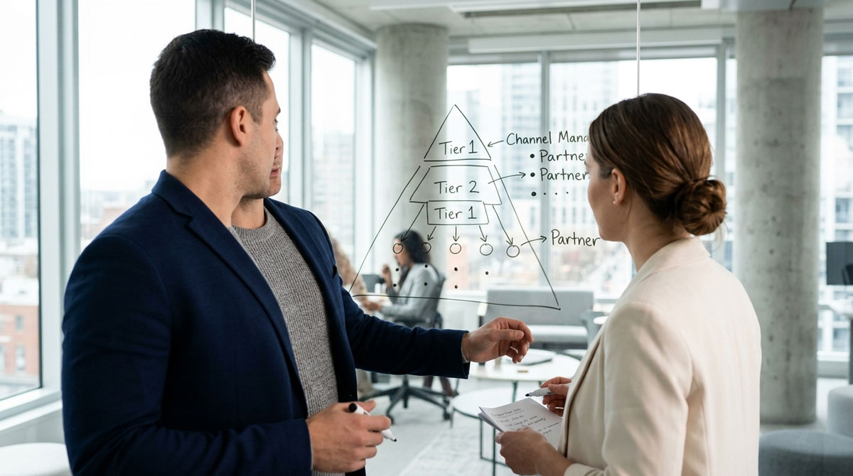 Channel manager and partner comparing partner relationship management platforms on an office whiteboard.