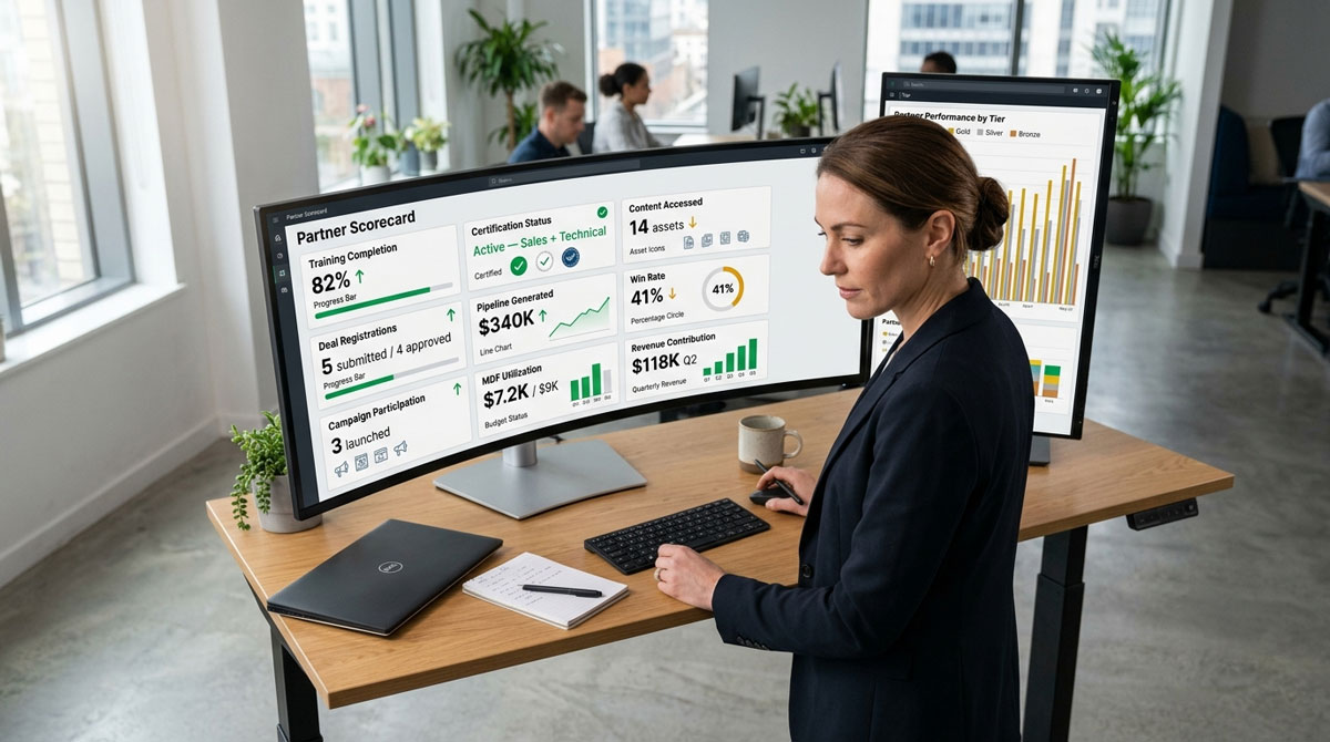 Partner sales enablement analytics scorecard dashboard showing training completion, certification status, deal registrations, pipeline, win rate, and revenue contribution metrics.