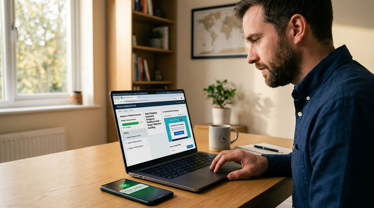 Channel partner accessing partner sales enablement portal showing product training module, sales playbook, co-branded campaign template, and deal registration on a laptop.