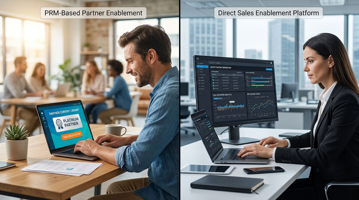 Split-scene comparison of PRM-based partner sales enablement portal versus a direct sales enablement platform showing their different user models and workflows.