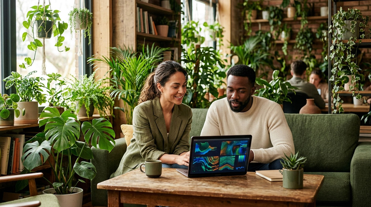 Two colleagues using AI outreach tools on a laptop in a plant-filled office lounge.