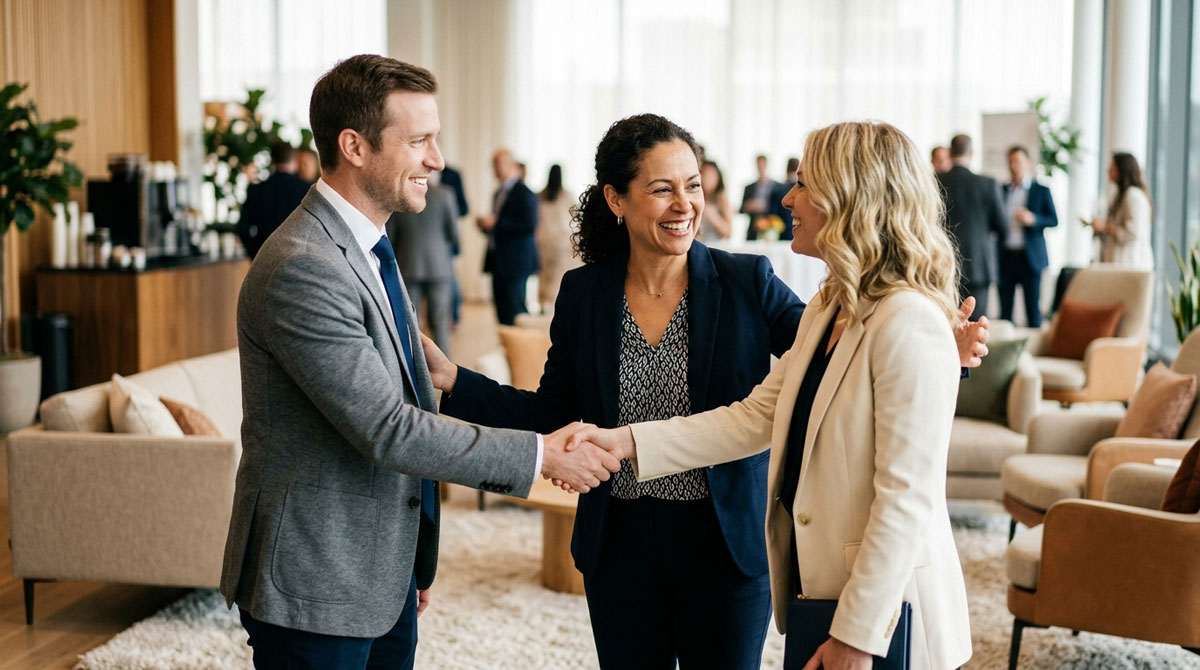 Three colleagues meeting as one introduces two partners, illustrating autonomous partner matching.