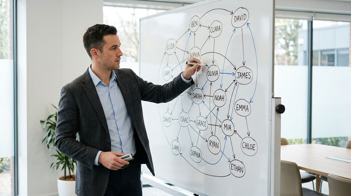 Operator mapping partner relationships on a whiteboard to plan AI partner matching in PRM software.